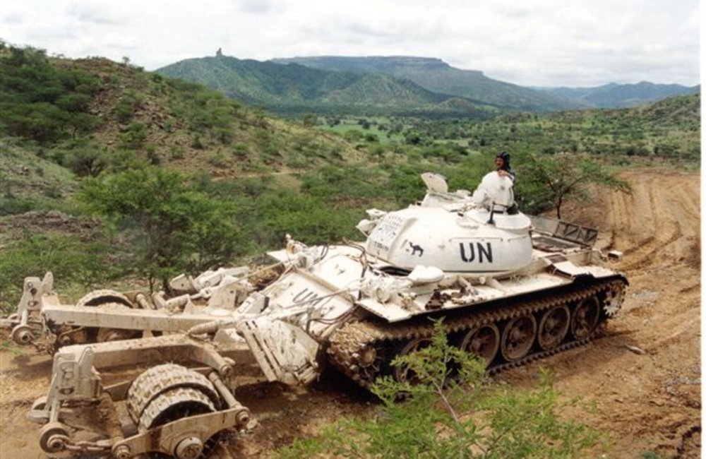 Demining tank clears a road in the mission area. UNMEE photo Jorge Aramburu