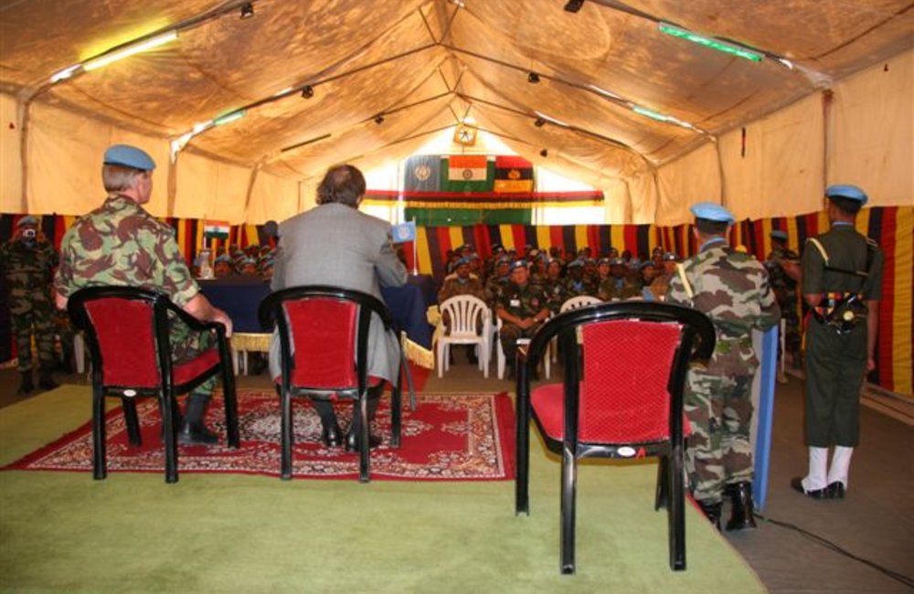 Acting Special Representative, Azouz Ennifar and Acting Force Commander Brig. Patrick Davidson-Houston address civilian and military staff during farewell visit to Adigrat, 6 August 2008.  (Photo: Ian Steele)
